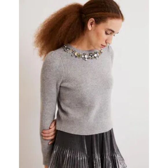 Boden Jeweled Neckline Ribbed Sweater - Gray 8 - Picture 2 of 10